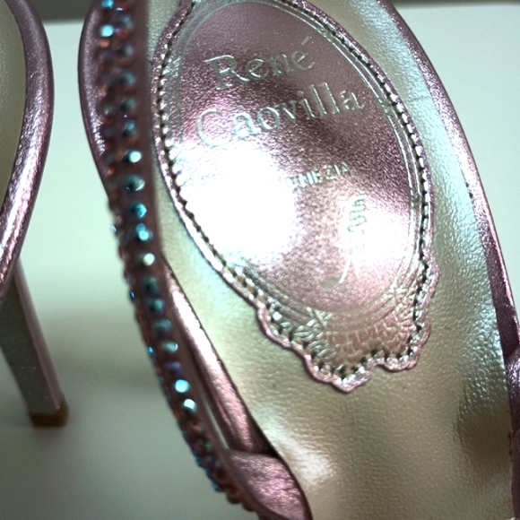 René Caovilla Metallic Strass Halter Stiletto Pink Light Rose Sandals - Picture 7 of 7